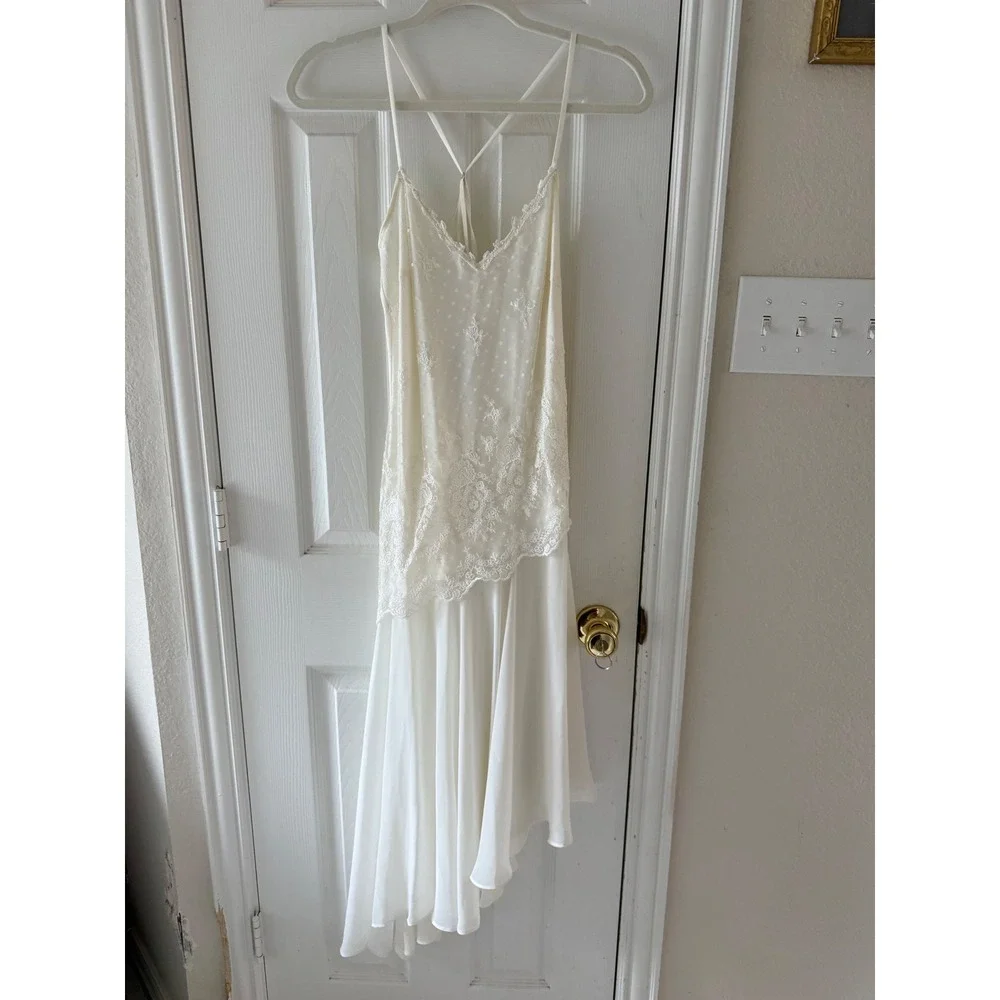 Delicates Ivory Lace Swiss Dot Asymmetrical Slip Dress Small Bridal Nightgown